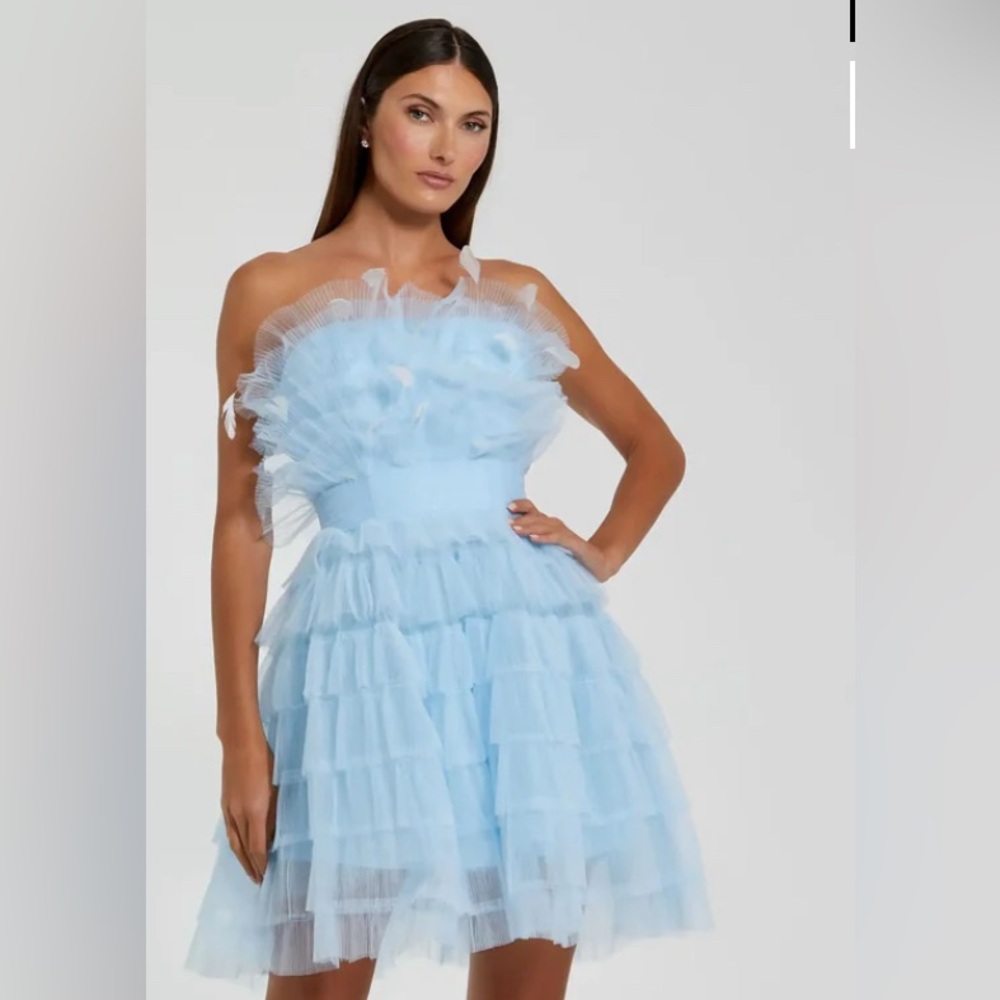 NWT Mac Duggal Feathered Strapless Tulle Fit + Flare Dress Powder Blue - Sz 10 - Picture 3 of 8